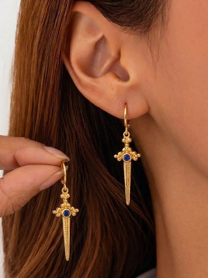 Dagger Drop Earrings with Blue Stone in 92.5 Sterling Silver