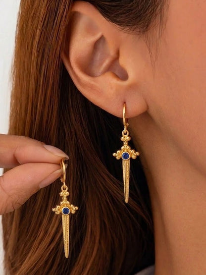 Dagger Drop Earrings with Blue Stone in 92.5 Sterling Silver