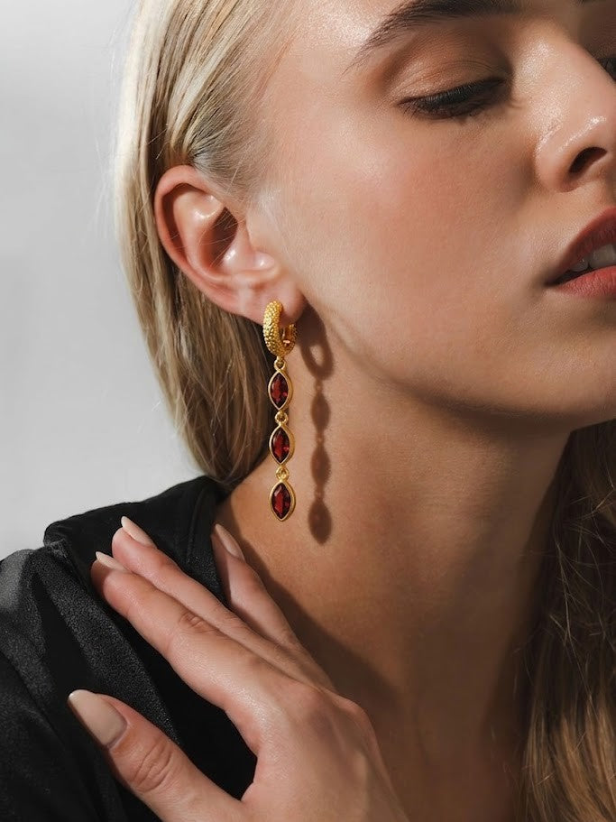 Gold Plated Garnet Triple Drop 92.5 Sterling Silver Earrings