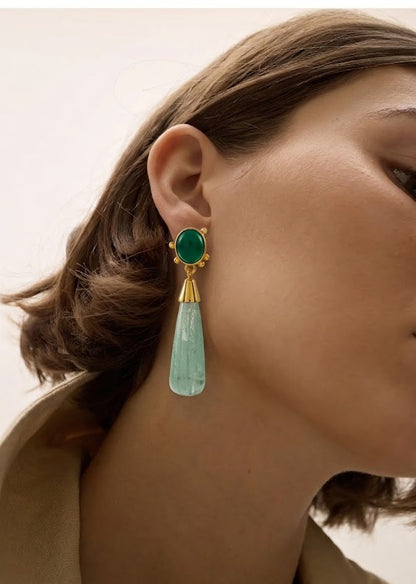 Green Onyx and Fluorite Long Drop Gold Earrings