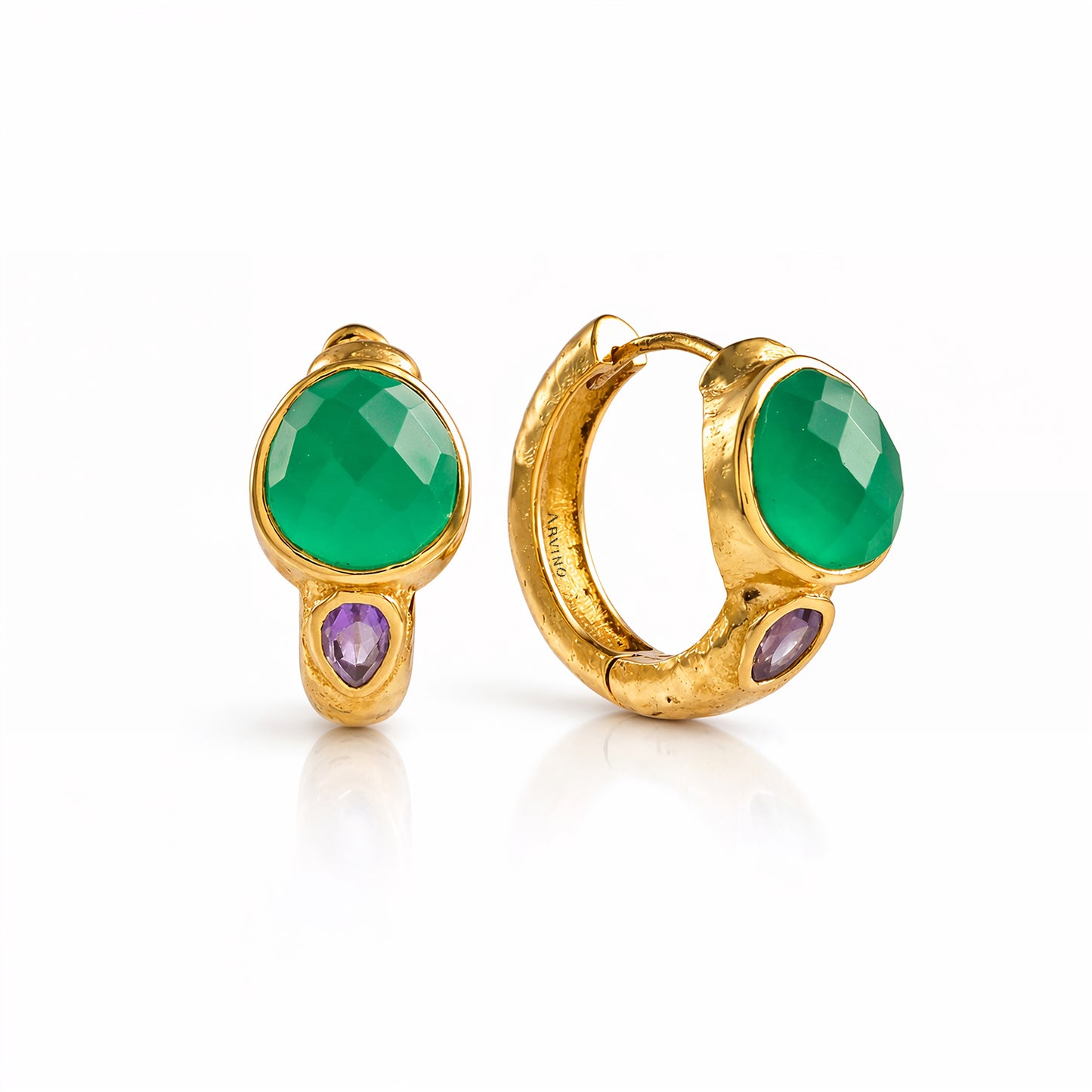 Green Onyx & Amethyst 92.5 Sterling Silver Hoop Earrings