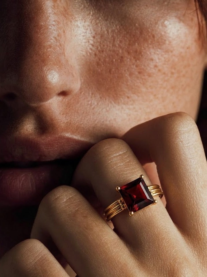 Gold Plated Garnet Solitaire 92.5 Sterling Silver Ring