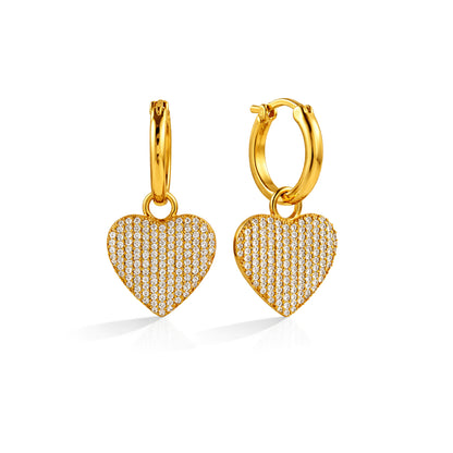 Gold Plated Crystal Pavé Heart Charm 92.5 Sterling Silver Hoop Earrings