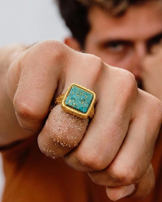 Gold Plated Turquoise Mosaic Statement Men's Ring