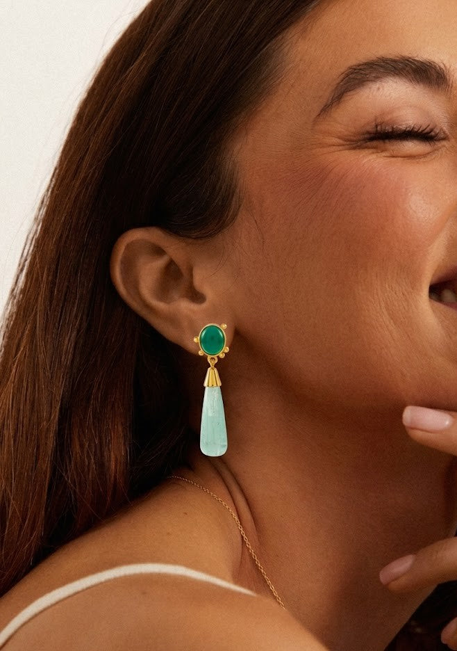 Green Onyx and Fluorite Long Drop Gold Earrings