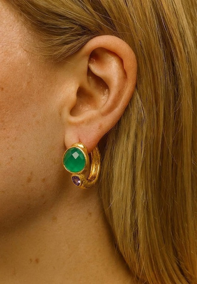 Green Onyx & Amethyst 92.5 Sterling Silver Hoop Earrings