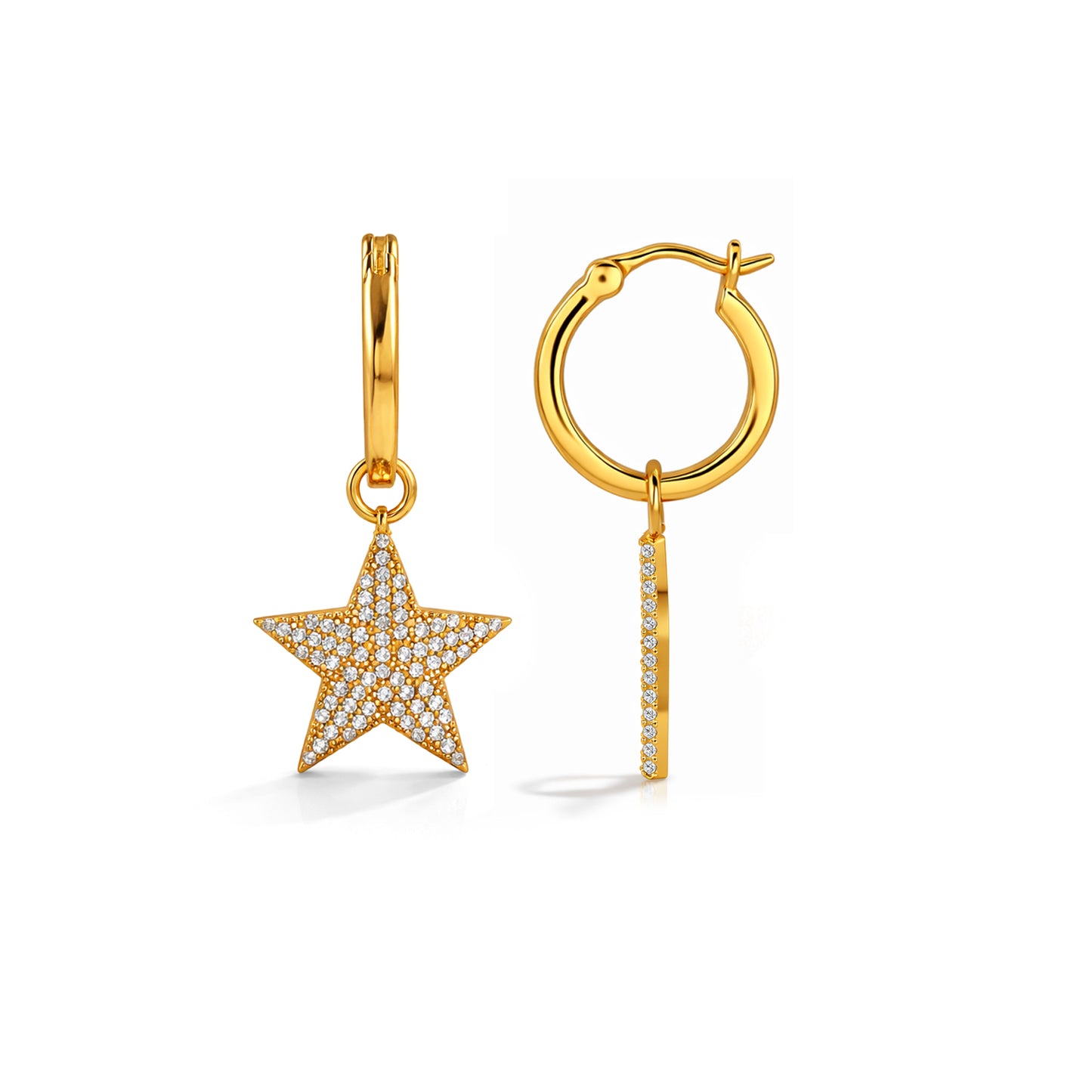 Gold Plated Crystal Pavé Star Charm 92.5 Sterling Silver Hoop Earrings