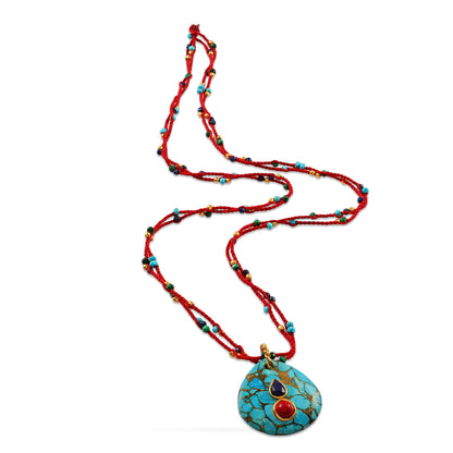 Crimson Turquoise Cord Pendant Necklace
