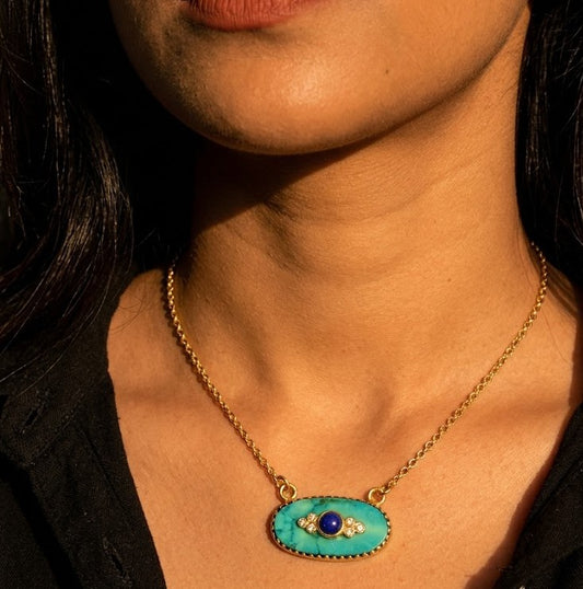 Turquoise & Lapis Evil Eye Gold Necklace