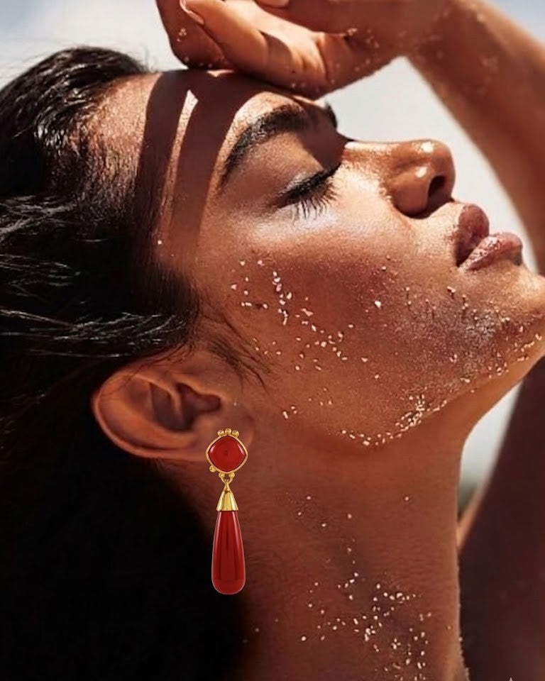 Red Onyx Long Drop Gold Earrings