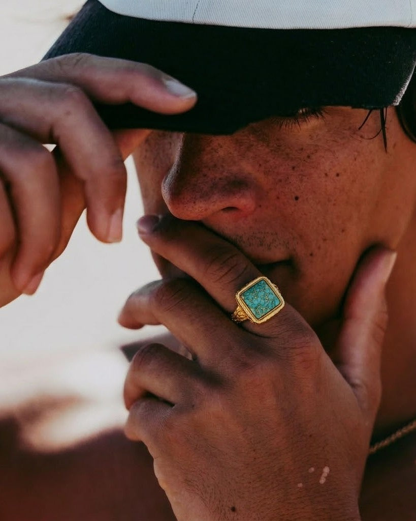 Gold Plated Turquoise Mosaic Statement Men's Ring