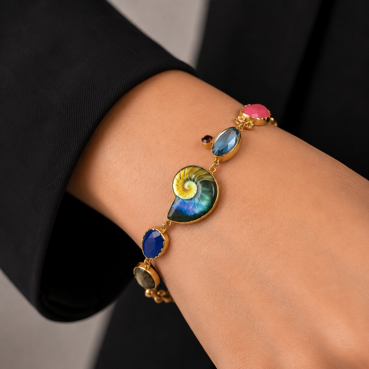 Nautilus & Multi Gem Charm Bracelet