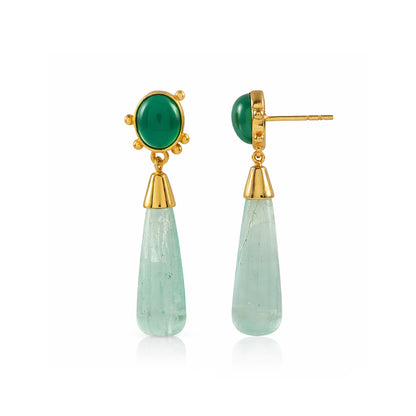 Green Onyx and Fluorite Long Drop Gold Earrings