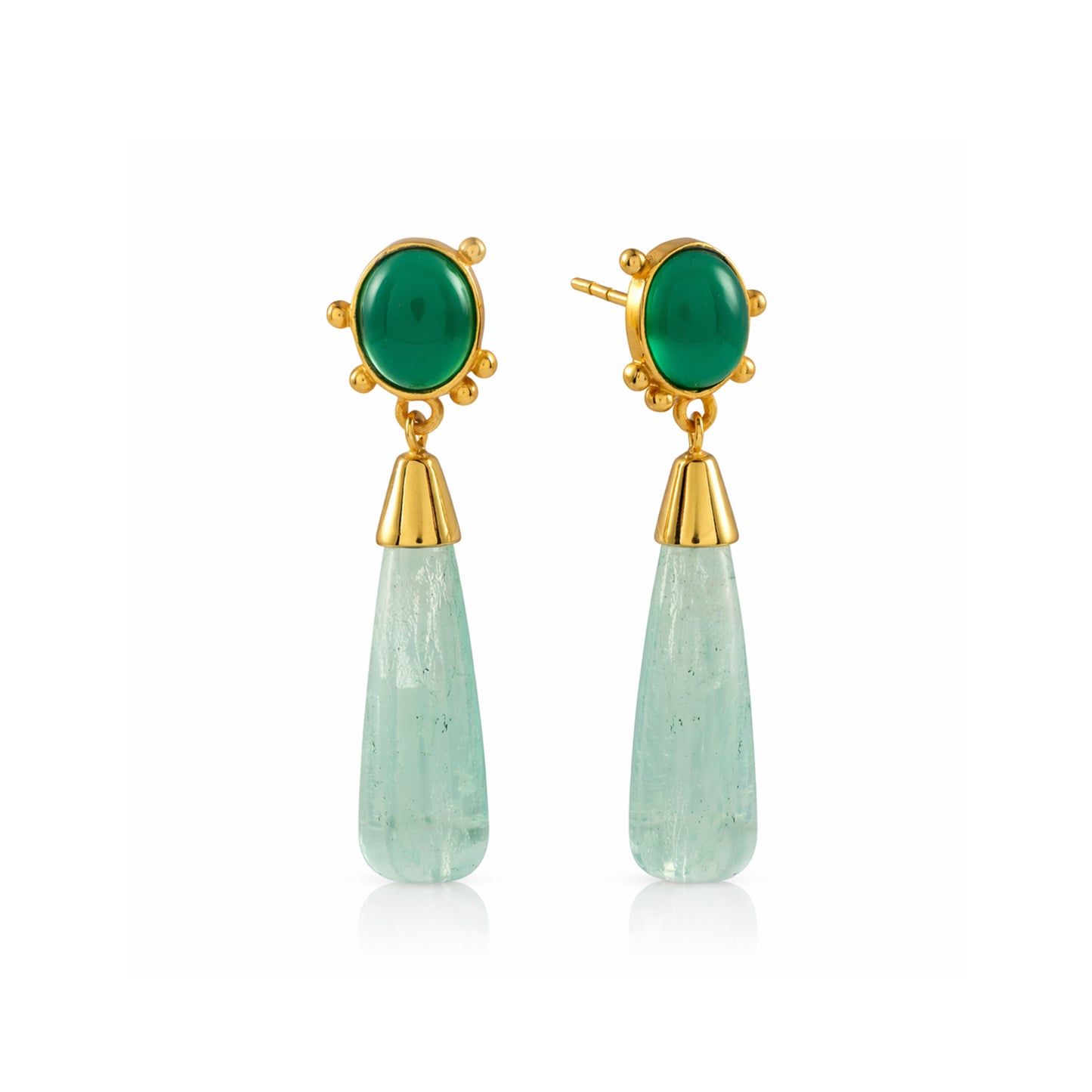 Green Onyx and Fluorite Long Drop Gold Earrings