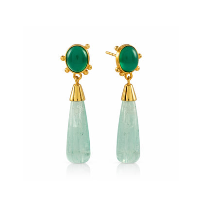 Green Onyx and Fluorite Long Drop Gold Earrings