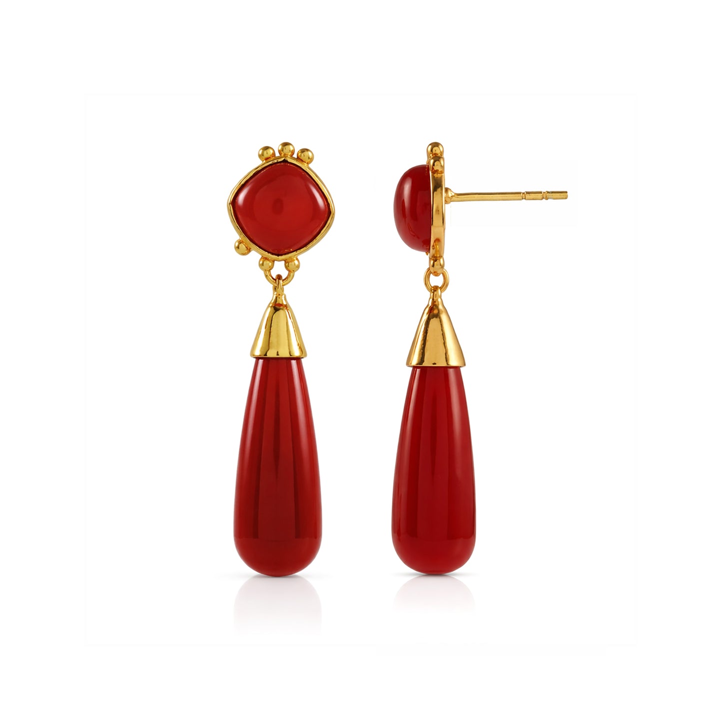 Red Onyx Long Drop Gold Earrings