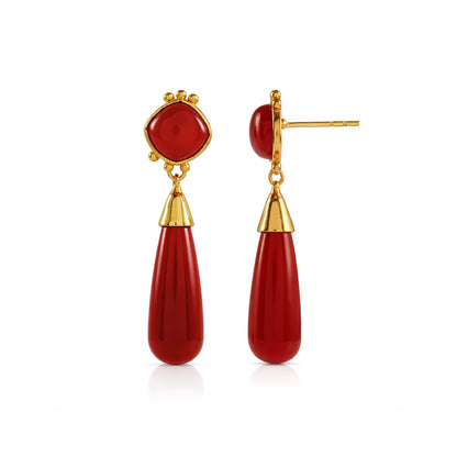 Red Onyx Long Drop Gold Earrings