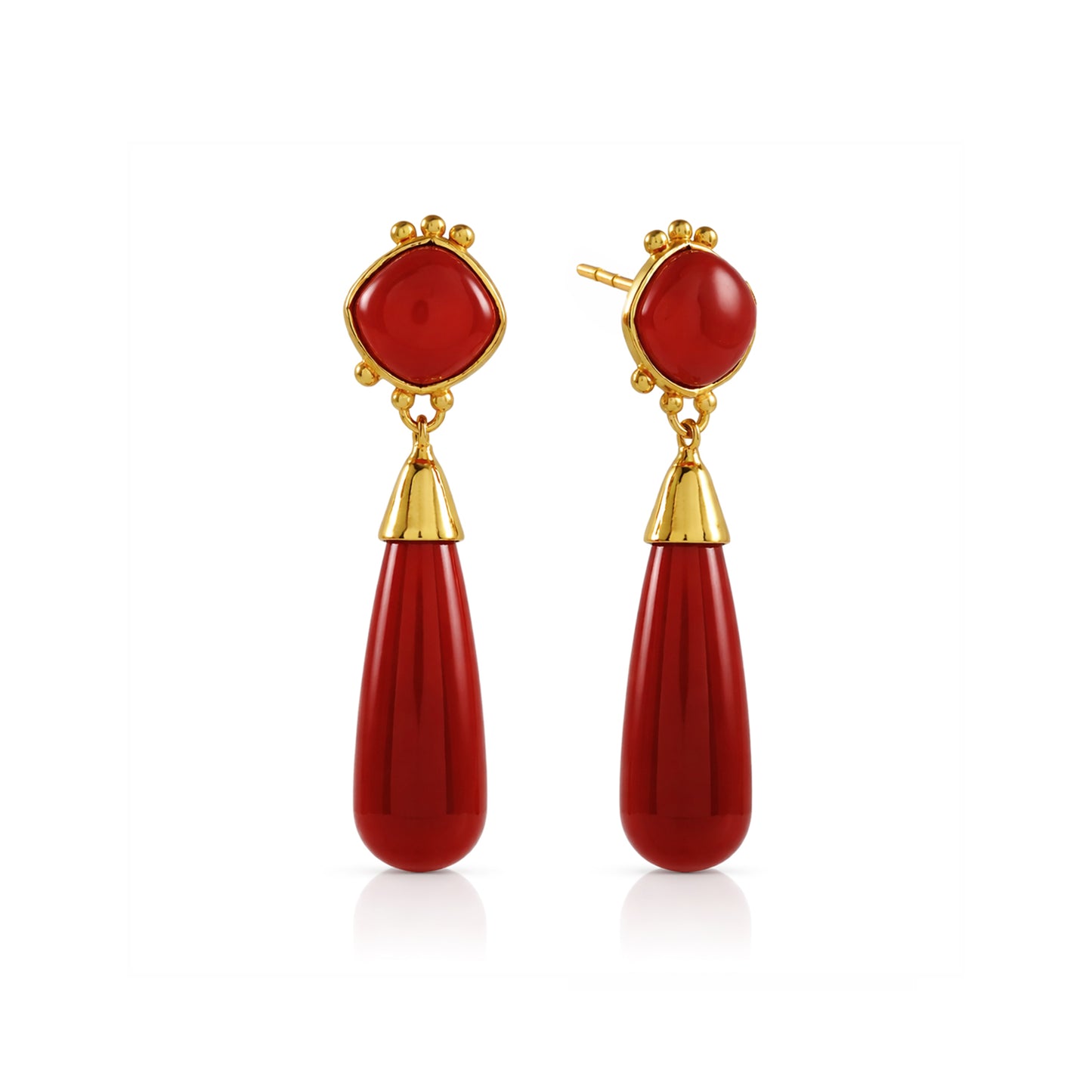 Red Onyx Long Drop Gold Earrings