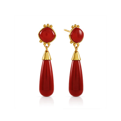 Red Onyx Long Drop Gold Earrings
