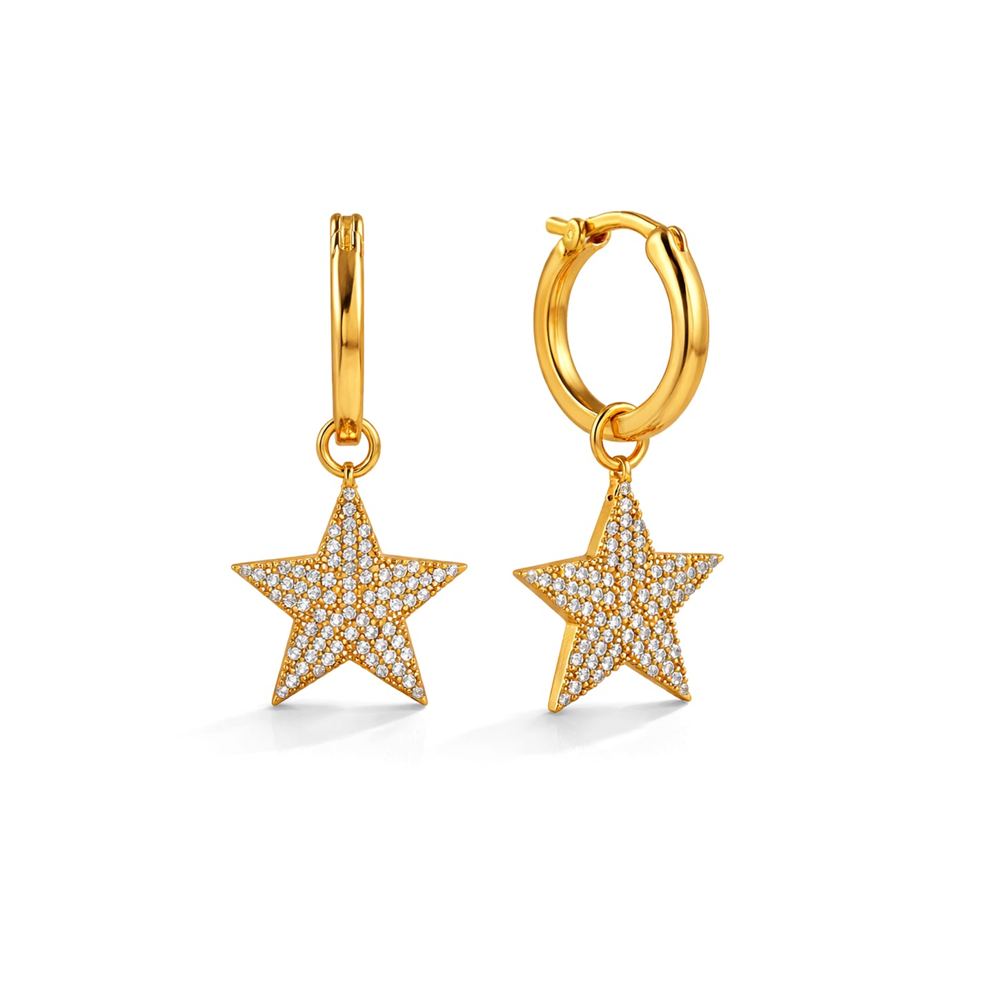 Gold Plated Crystal Pavé Star Charm 92.5 Sterling Silver Hoop Earrings