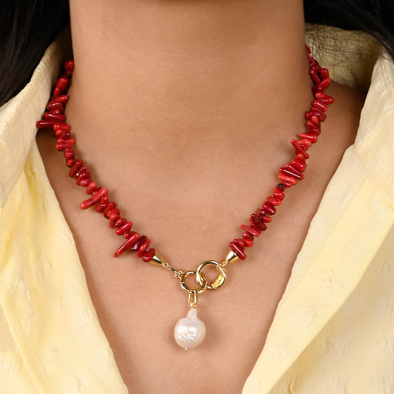 Coral Beaded Necklace (Water Resistance Premium Plating)