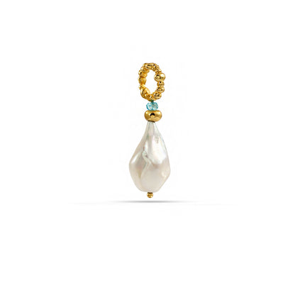 Jewelry charm with gold ring, small bead, and teardrop-shaped pearl on a white background