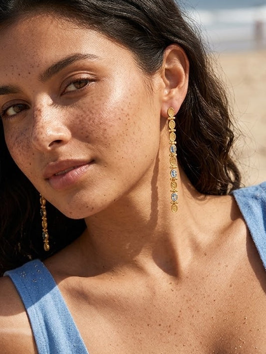 Vintage Gold & Blue Topaz Long Drop Earrings