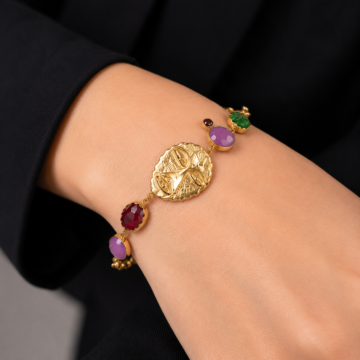 Tribal Mask & Multi Gem Charm Bracelet