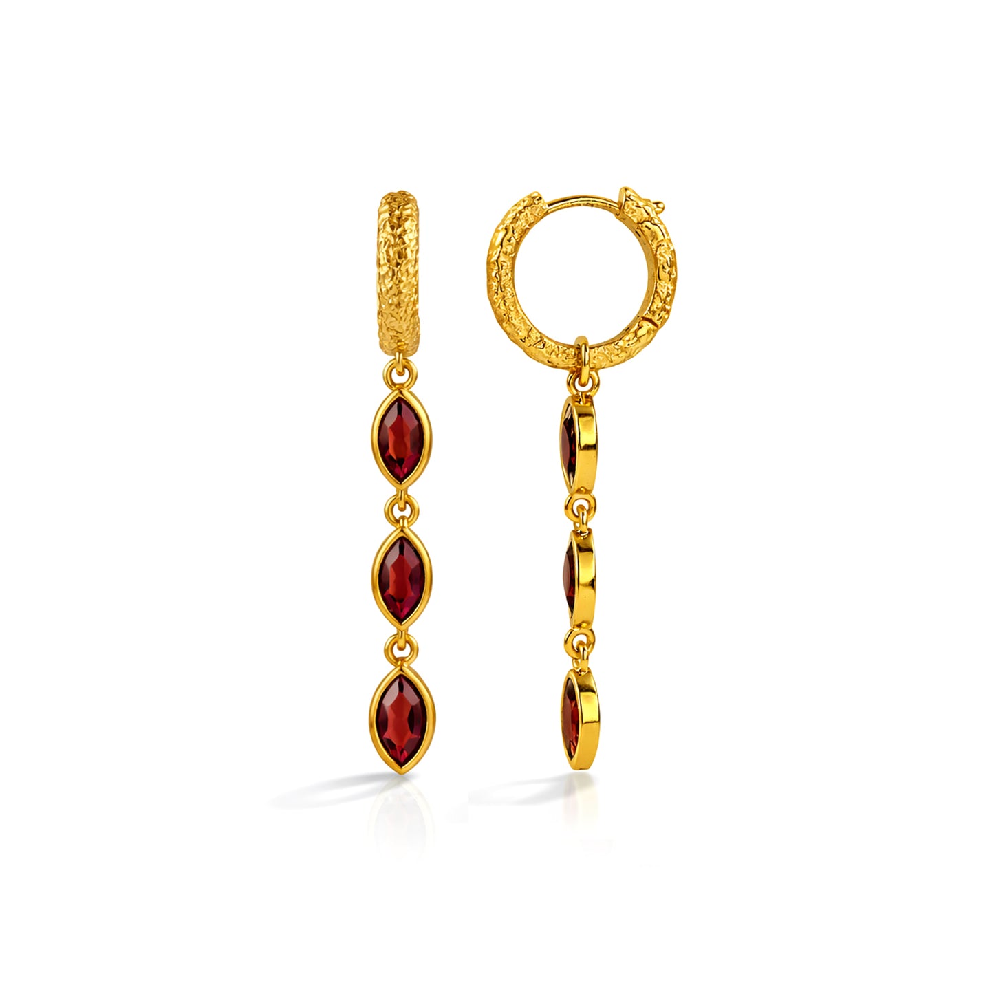 Gold Plated Garnet Triple Drop 92.5 Sterling Silver Earrings