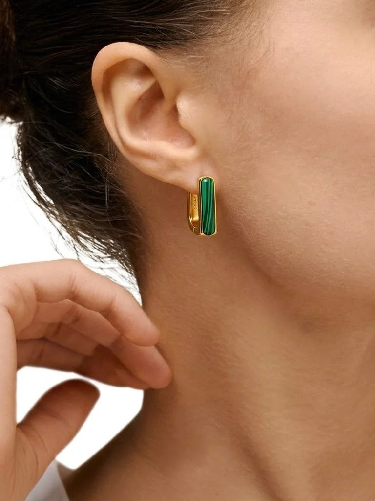 Gold Plated Malachite Bar Huggie Earrings