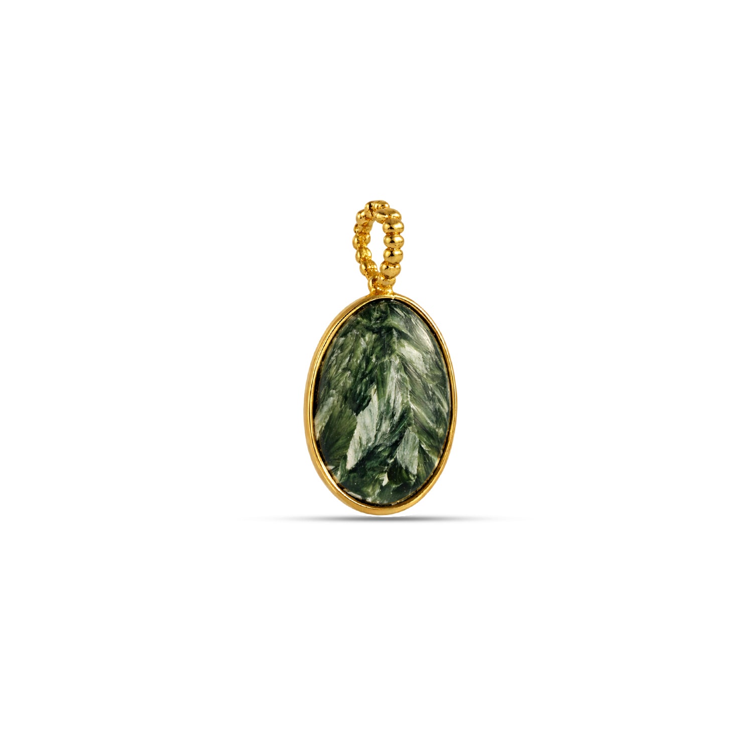 Gold pendant with a green stone on a white background