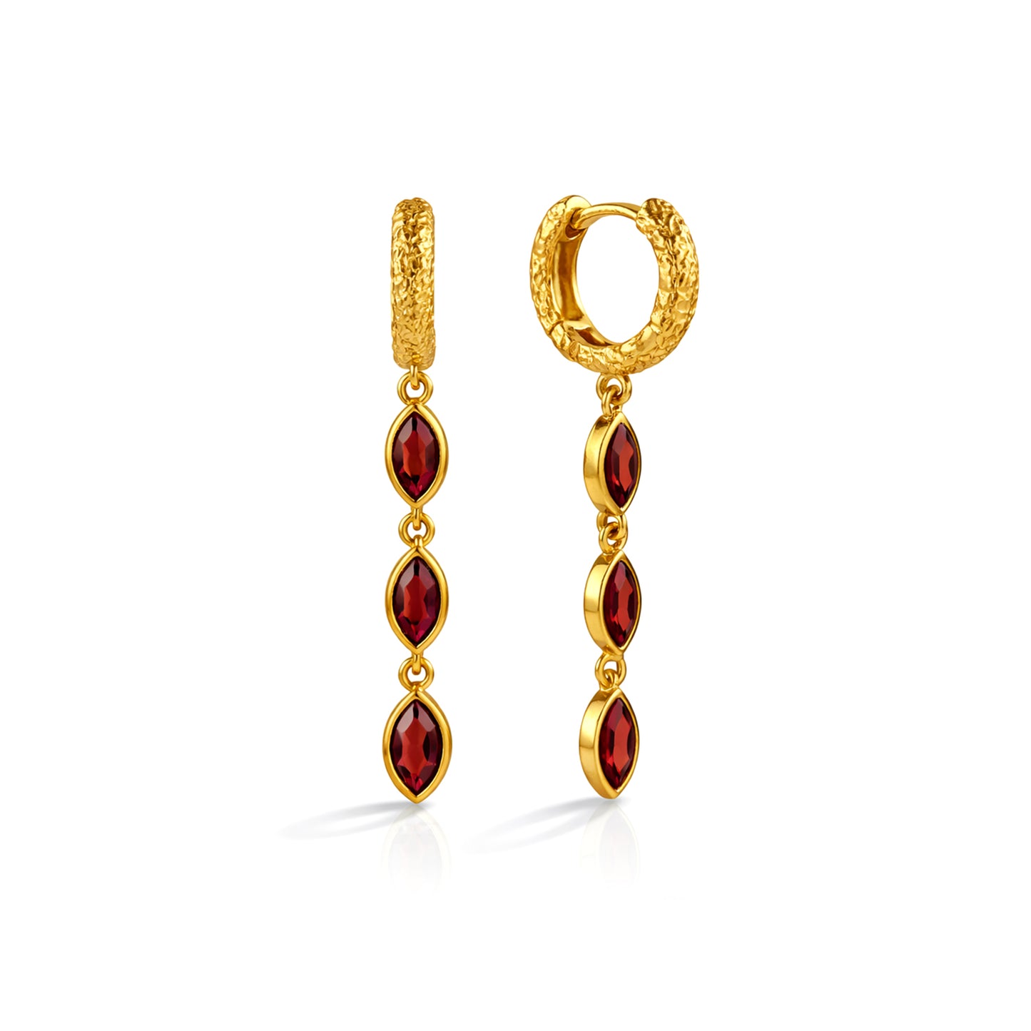 Gold Plated Garnet Triple Drop 92.5 Sterling Silver Earrings