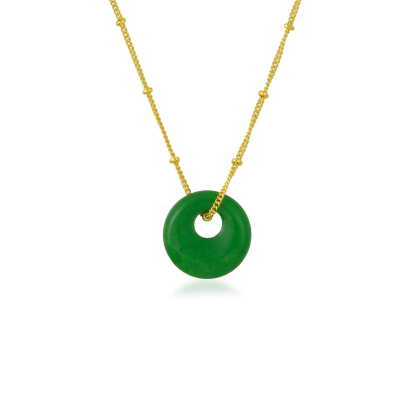 Green Jade Disc Charm Necklace (Water Resistance Premium Plating)