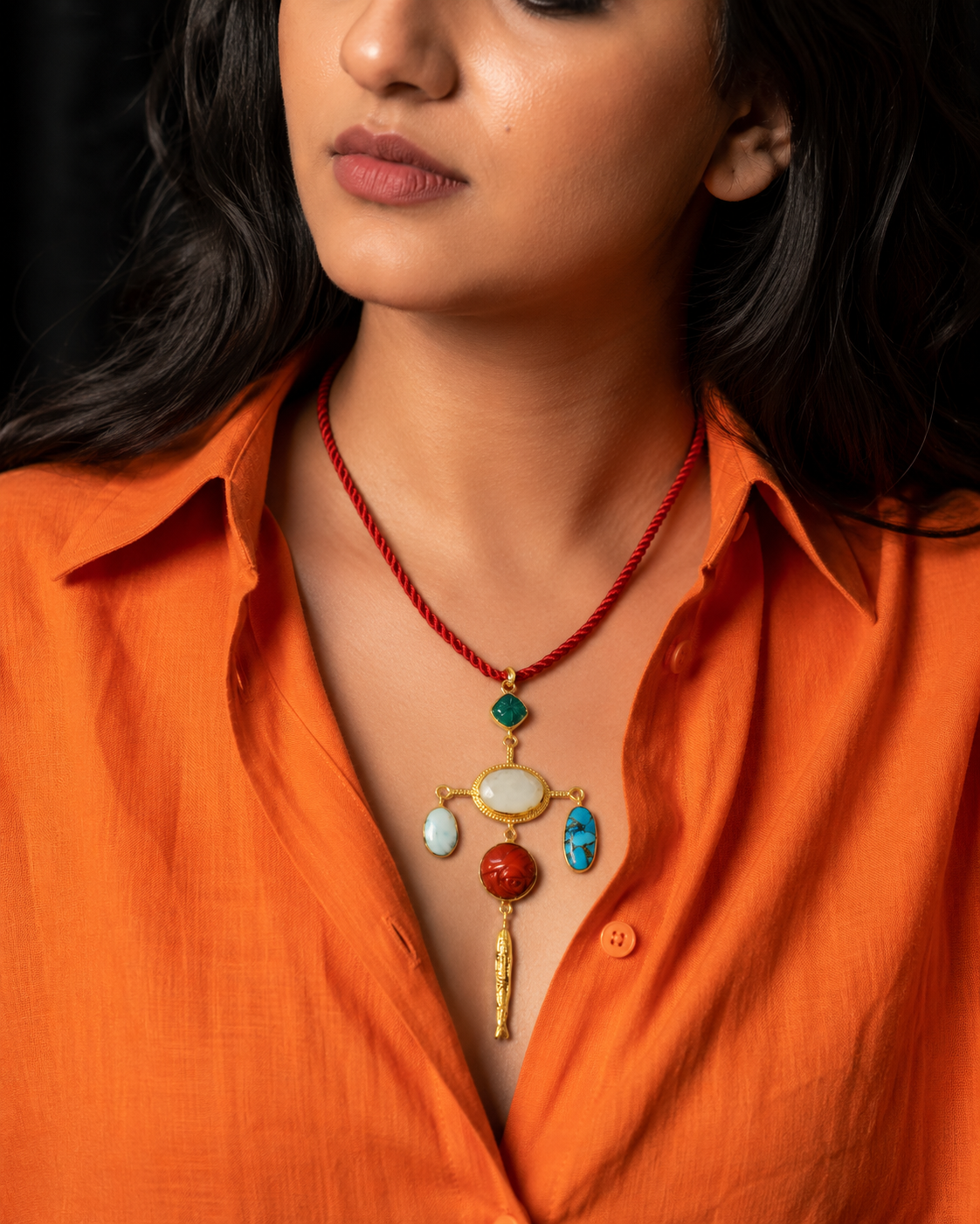 Bohemian Turquoise & Coral Pendant Necklace