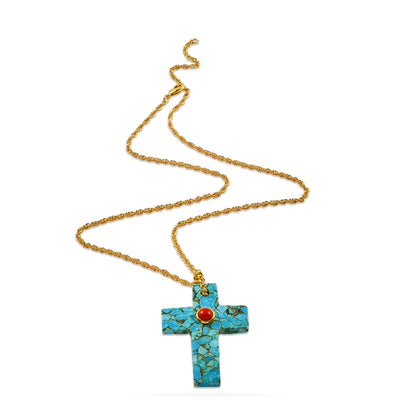 Faith Cross Turquoise and Coral Necklace