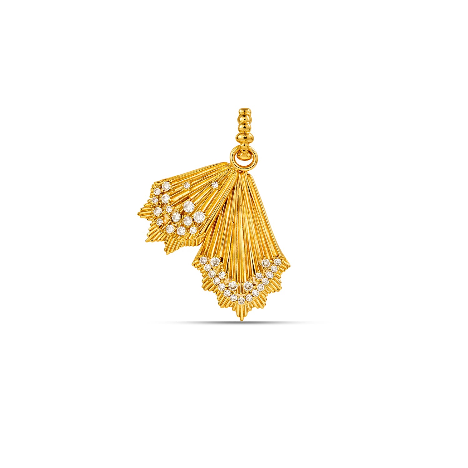 Gold pendant with intricate design on a white background