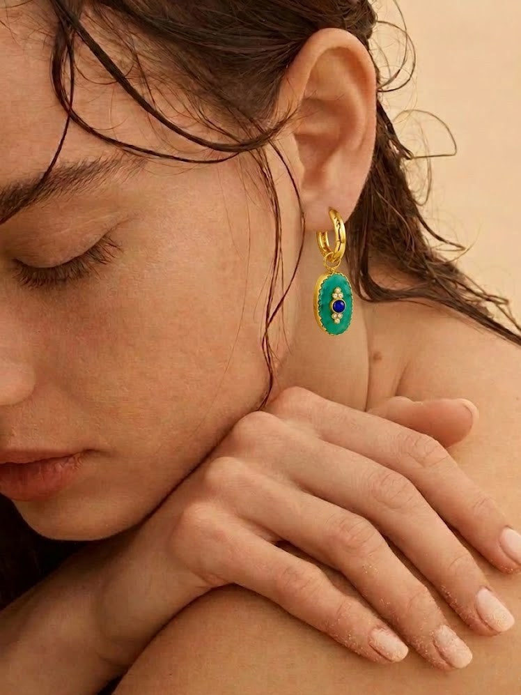 Natural Turquoise and Lapis Evil Eye Huggie Earrings