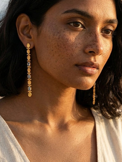 Vintage Gold & Blue Topaz Long Drop Earrings