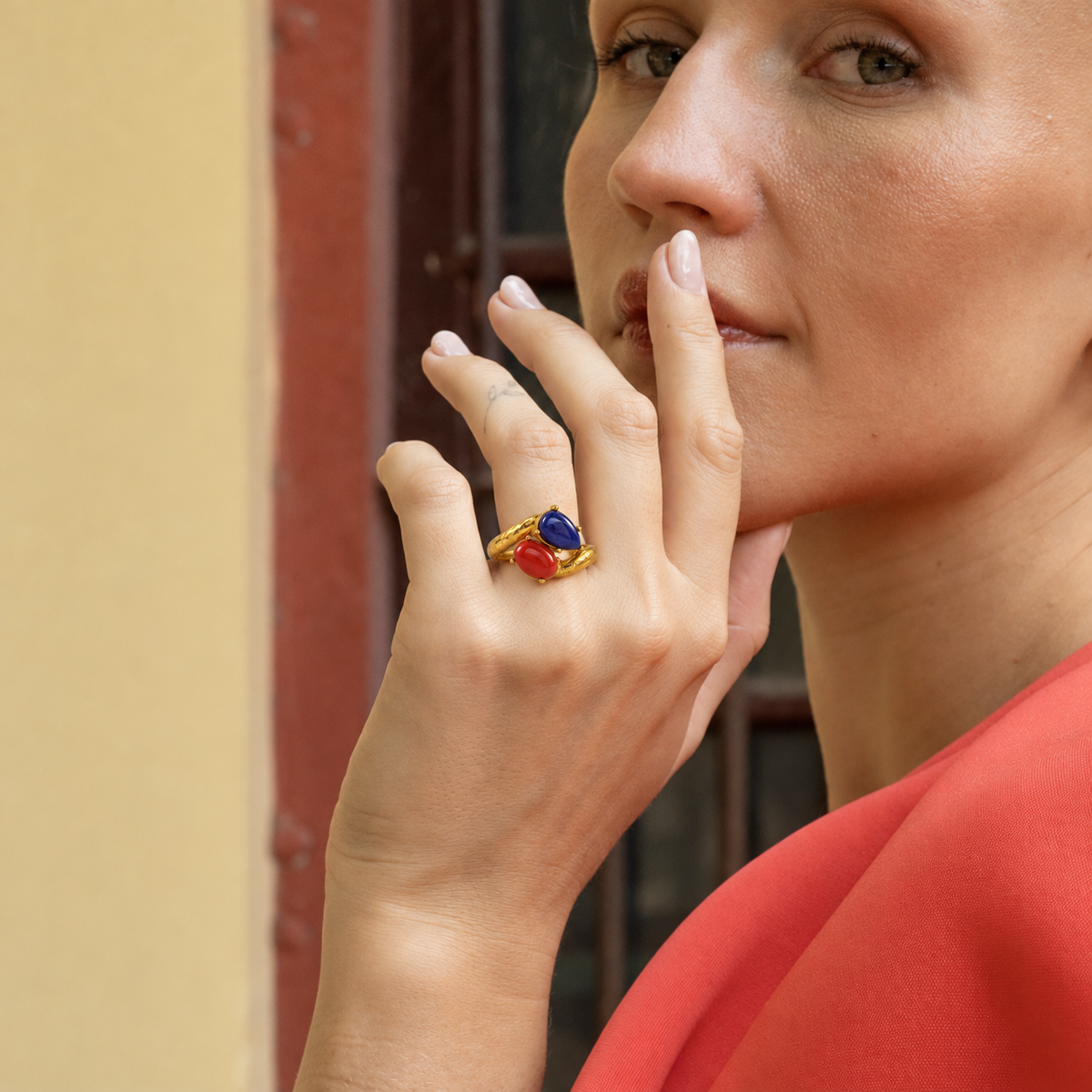 Coral Lapis Statement Ring