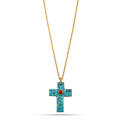 Faith Cross Turquoise and Coral Necklace