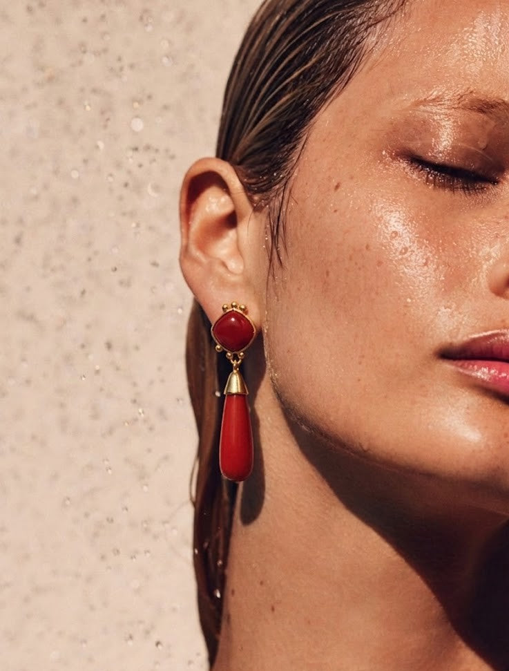 Red Onyx Long Drop Gold Earrings
