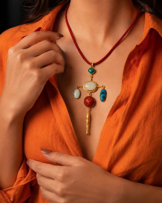 Bohemian Turquoise & Coral Pendant Necklace