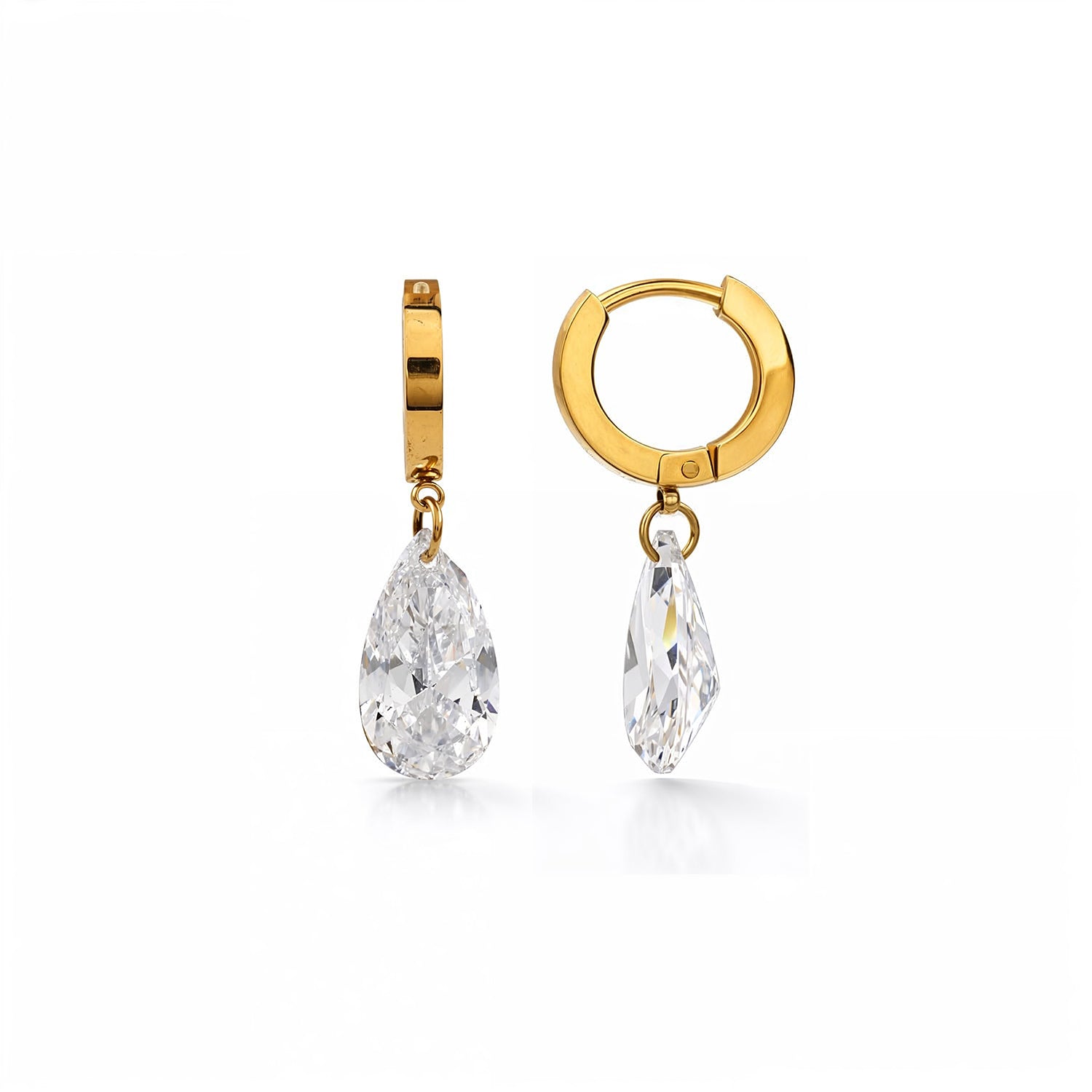 Gold hoop earrings with teardrop-shaped crystals on a white background
