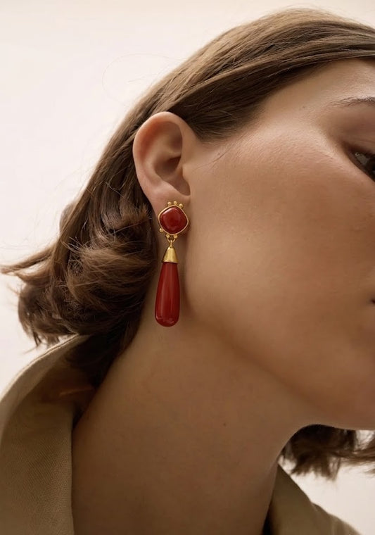 Red Onyx Long Drop Gold Earrings