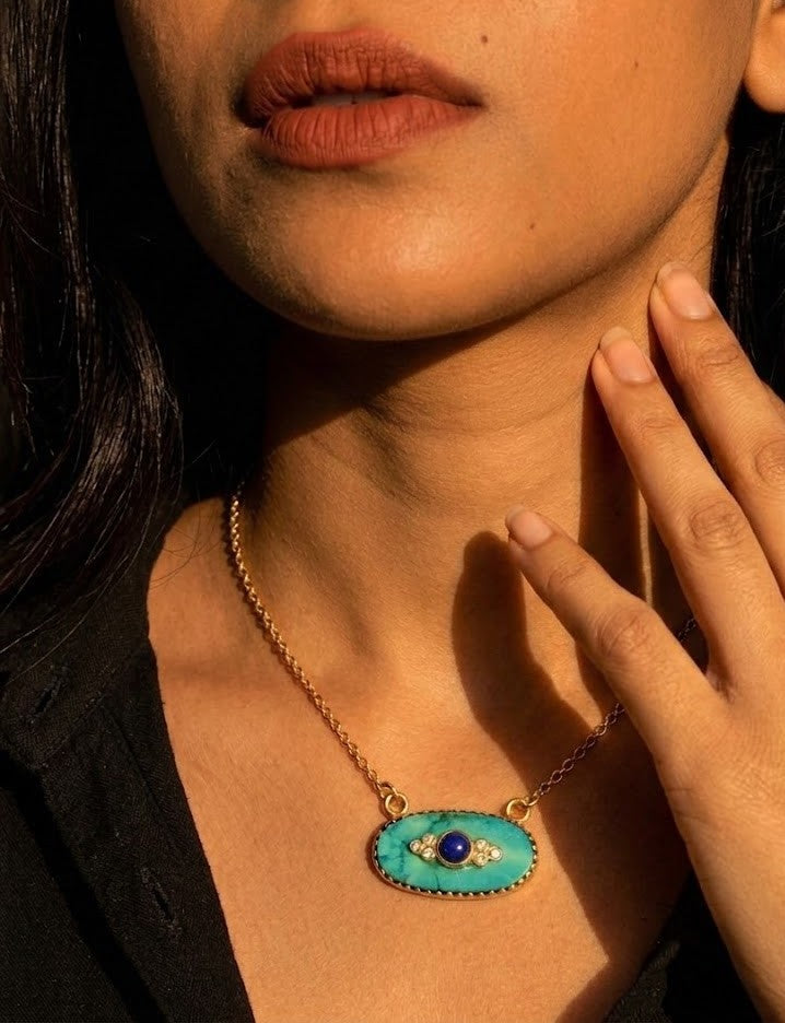 Turquoise & Lapis Evil Eye Gold Necklace