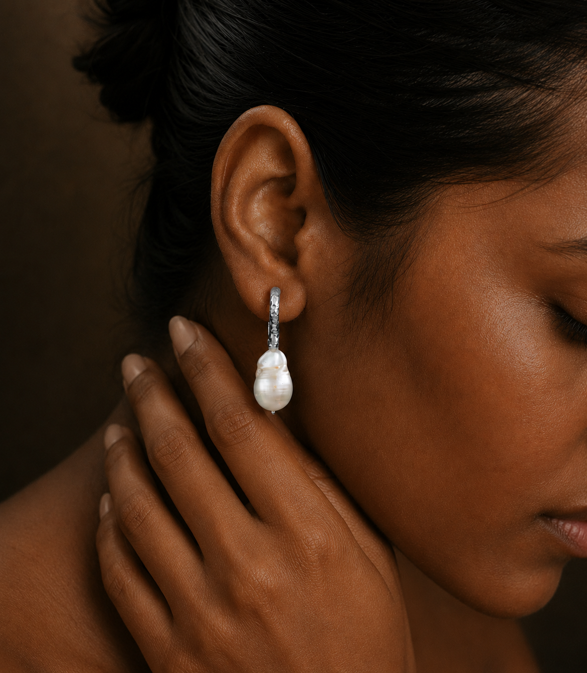 Rustic Pearl Drop Hoops Earrings (925 Sterling Silver)