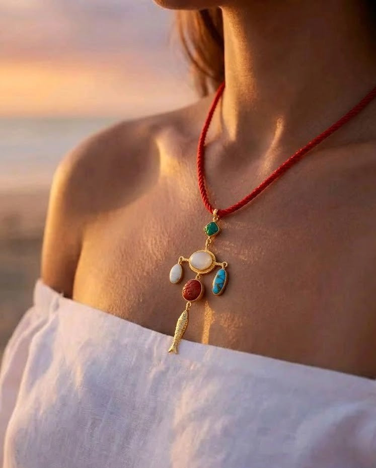 Bohemian Turquoise & Coral Pendant Necklace