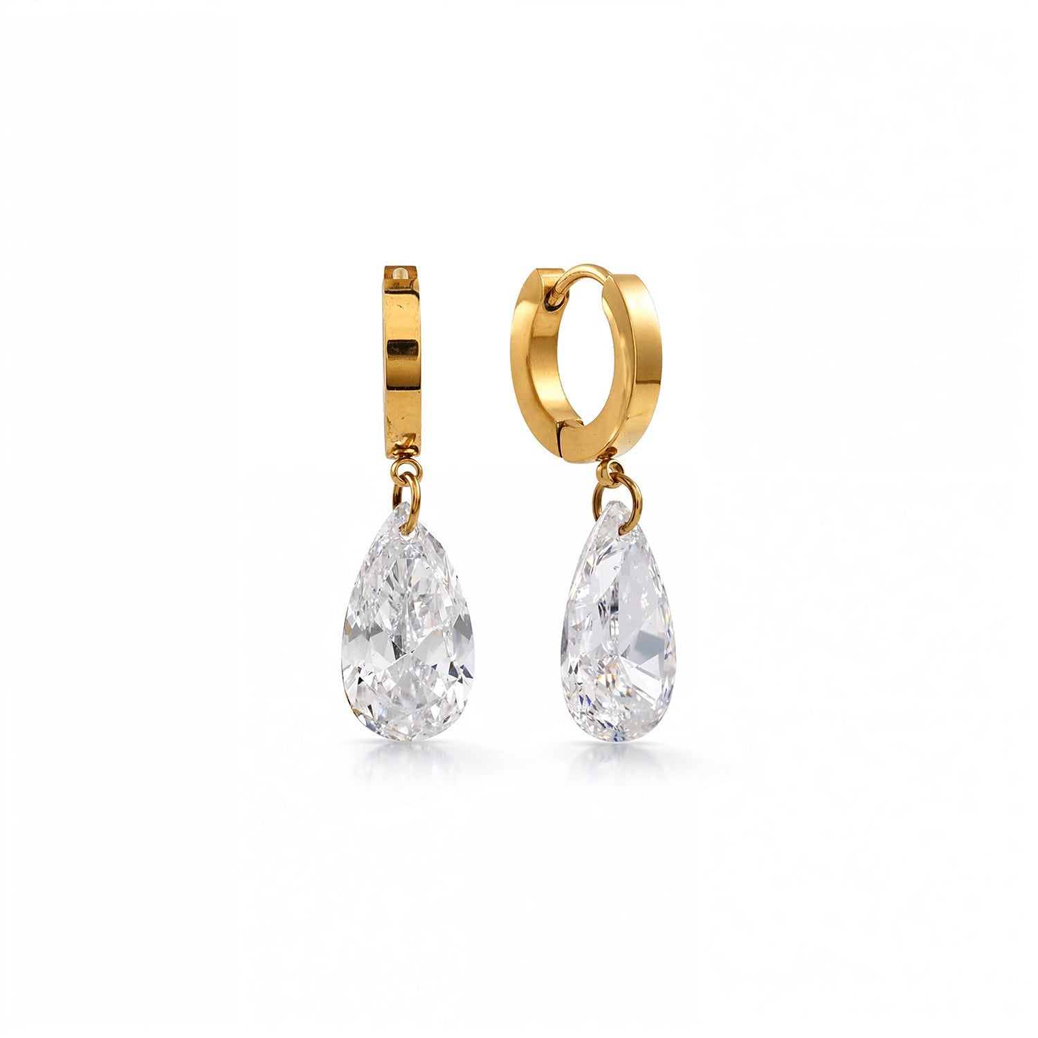 Gold hoop earrings with teardrop-shaped clear gemstones on a white background