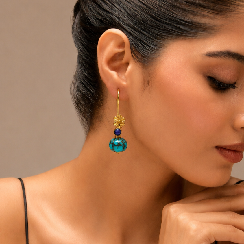 Turquoise Pebble Floral Earrings in 92.5 Sterling Silver