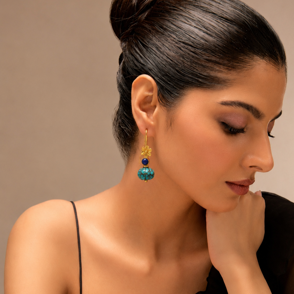 Turquoise Pebble Floral Earrings in 92.5 Sterling Silver